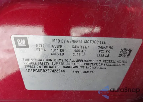 2014 Chevrolet Cruze 1Lt Auto z USA, uszkodzony, nr VIN 1G1PC5SB3E7423244